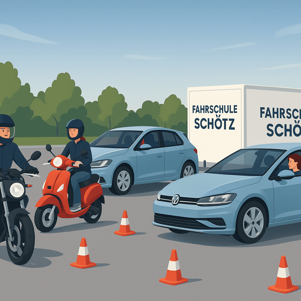 Stilisiertes Bild der Fahrzeugflotte der Fahrschule Schötz