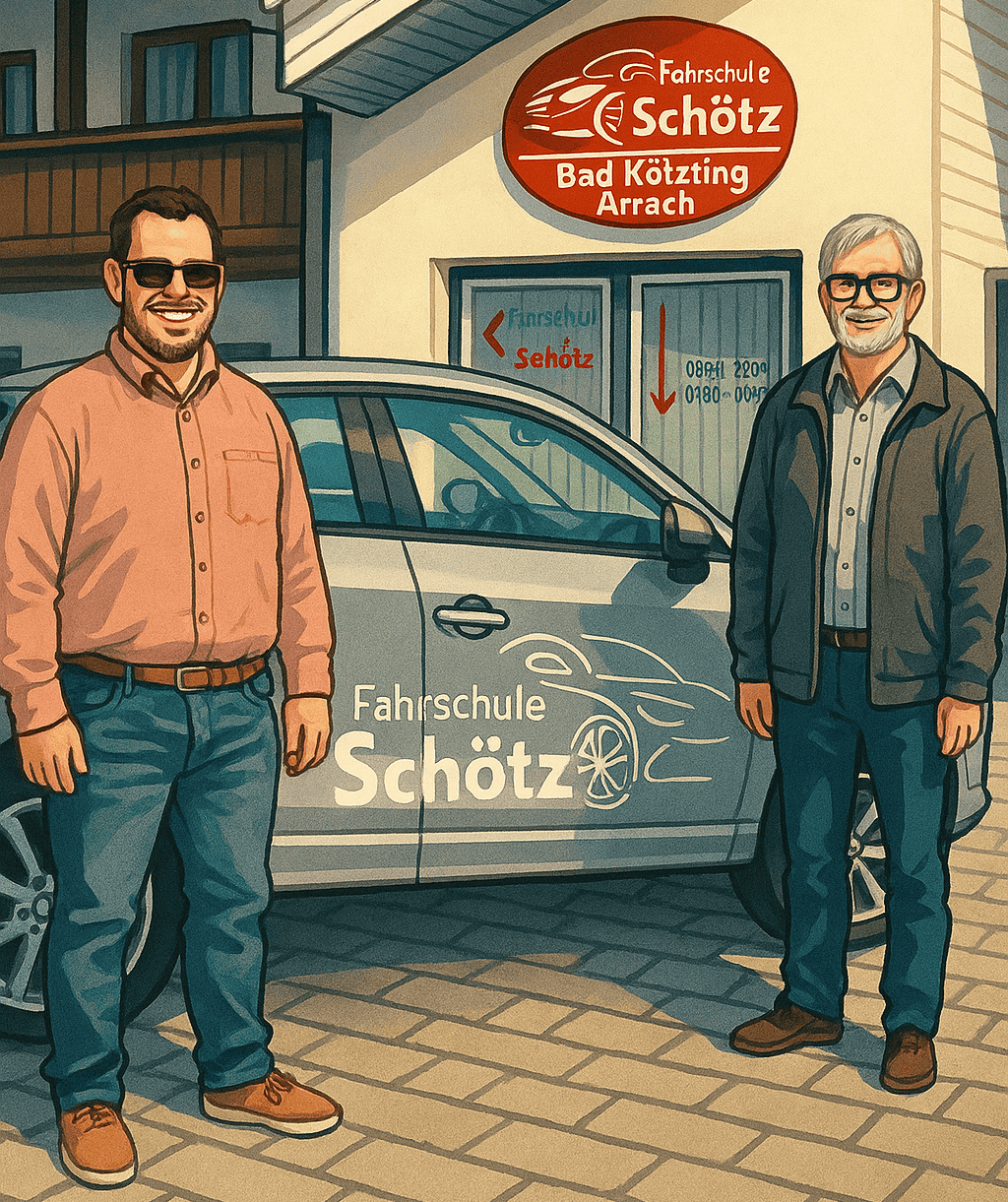 Stilisiertes Bild der Fahrlehrer vor einem Fahrschulgebäude